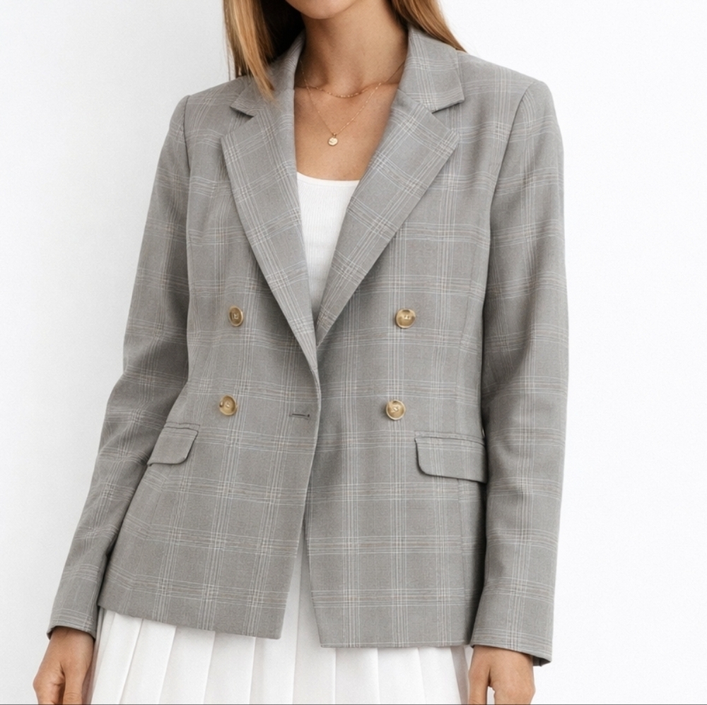 Plaid Double Breasted Blazer Gray Small